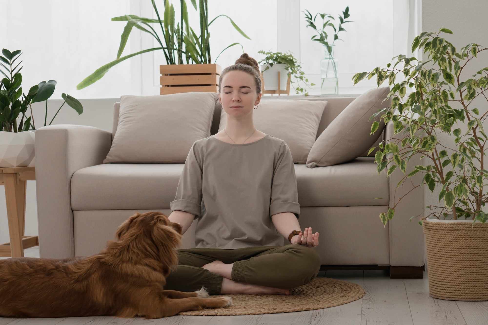 young woman meditating at home while her dog waiting for her attention